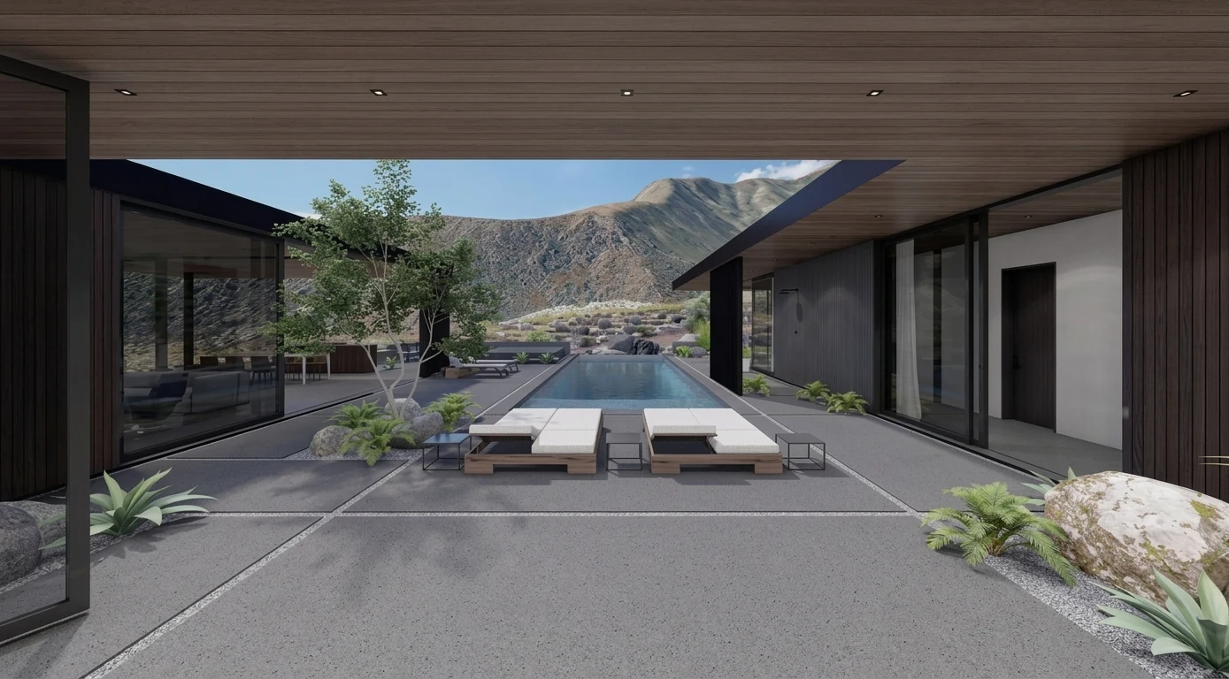 A lap pool in a courtyard between two wings of a house, seen out under a timber soffit toward the ridge.